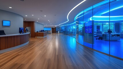 Modern office corridor with glasswalled rooms  wood floors