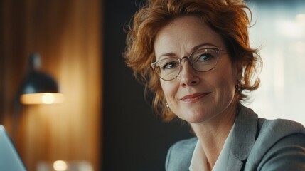 A professional woman in glasses, sitting at a desk, engrossed in her work. She appears focused and determined.