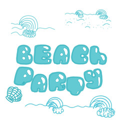 elements of the composition in the style of zentagl. doodle graphics. lettering beach holiday, waves, beach shoes, swimming circle. beach party, vector illustration. basis for design