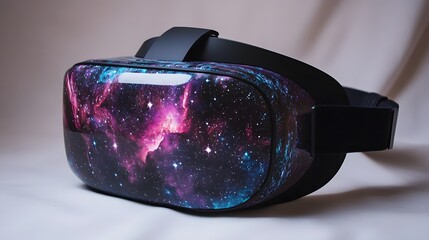 VR Headset Displaying Cosmic Nebula: A virtual reality headset showcases a vibrant and detailed image of a nebula, symbolizing the vastness and wonder of virtual worlds.