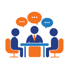 Business Meeting at Table with Speech Bubbles. Icons in Orange and Blue Tones
