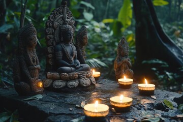 Obraz premium Sacred altar with lit candles and intricate carvings in jungle