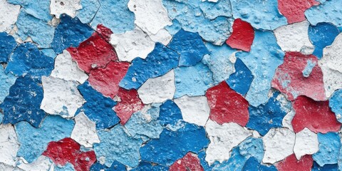 A weathered blue wall covered in peeling, chipped paint revealing a mix of white and red underneath. The peels are arranged in an irregular, patchwork pattern reminiscent of old boards or posters. The