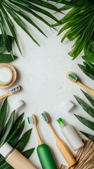 Natural eco friendly dental care setting with bamboo toothbrushes tootaste and mouthwash surrounded by lush green tropical leaves on a white textured background