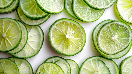 Fresh sliced lime citrus fruit halves arranged in a pattern showcasing vibrant green color and juicy interior, ideal for food, health, or culinary themes