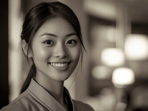 Stock photo featuring a cheerful young woman, presumably in a corporate environment. Her smile conveys warmth and approachability, making her an ideal choice for corporate branding, marketing