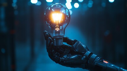 A robotic hand holds a glowing lightbulb, symbolizing innovation and artificial intelligence.