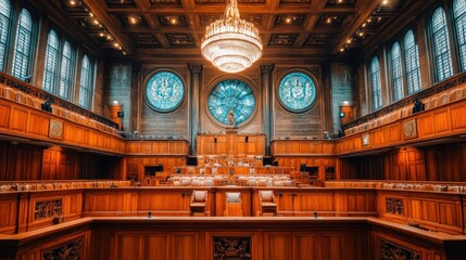 Obraz premium Ornate hall interior wood panels grand chandelier stained glass