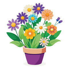 A pink and yellow floral bouquet of spring flowers sits in a vase, while a daisy plant blooms in a pot, showcasing nature's beauty