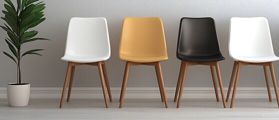 Fototapeta premium Four chairs in a row, with a plant in a pot, against a plain wall
