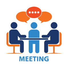 Abstract People Around Table with Speech Bubbles in Blue and Orange Style on White