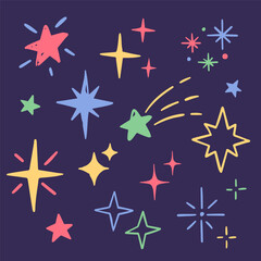 Doodle sparkles, set of magic shiny stars drawings