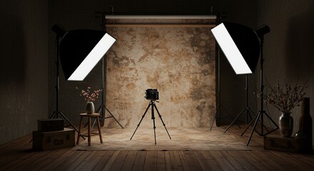 A creative photography studio with a mix of vintage and modern elements: a rustic wooden floor, a large backdrop with a textured mural, a vintage camera on a tripod, a set of studio lights.