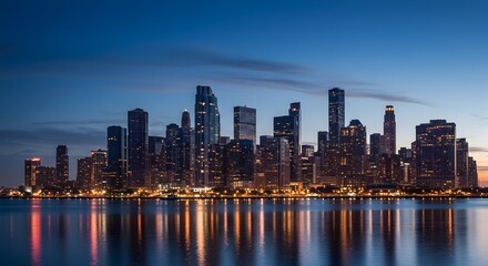 Naklejka premium Stunning Night Skyline A Captivating Cityscape Panorama at Dusk