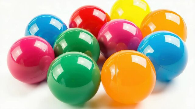 A bunch of colorful plastic balls are arranged in a row. The balls are of different colors and sizes, and they are all shiny and reflective. Concept of fun and playfulness