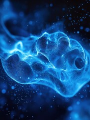 Microscopic image of a glowing blue cell with intricate internal structures and a nucleus, set against a starry night space backdrop. Illustrates the beauty and complexity of microscopic life forms.