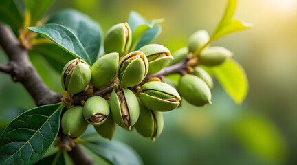  Pistachio tree with growing nuts, agriculture, farming, pistachio harvest, sustainable crops, green farming, nature, eco-friendly, agricultural production.