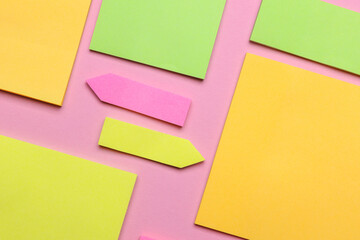 Various blank paper multicolored stickers. Sticky note collection on blue background