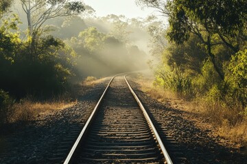 Obraz premium Empty train track through sunlit dry bushland midday