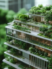 Fototapeta premium A futuristic architectural concept showcasing an eco-friendly skyscraper with vertical gardens and green rooftops, promoting sustainable urban living.