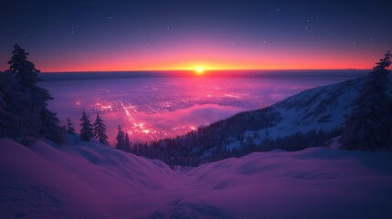 Snowy peak overlooks a city under a vibrant sunset sky
