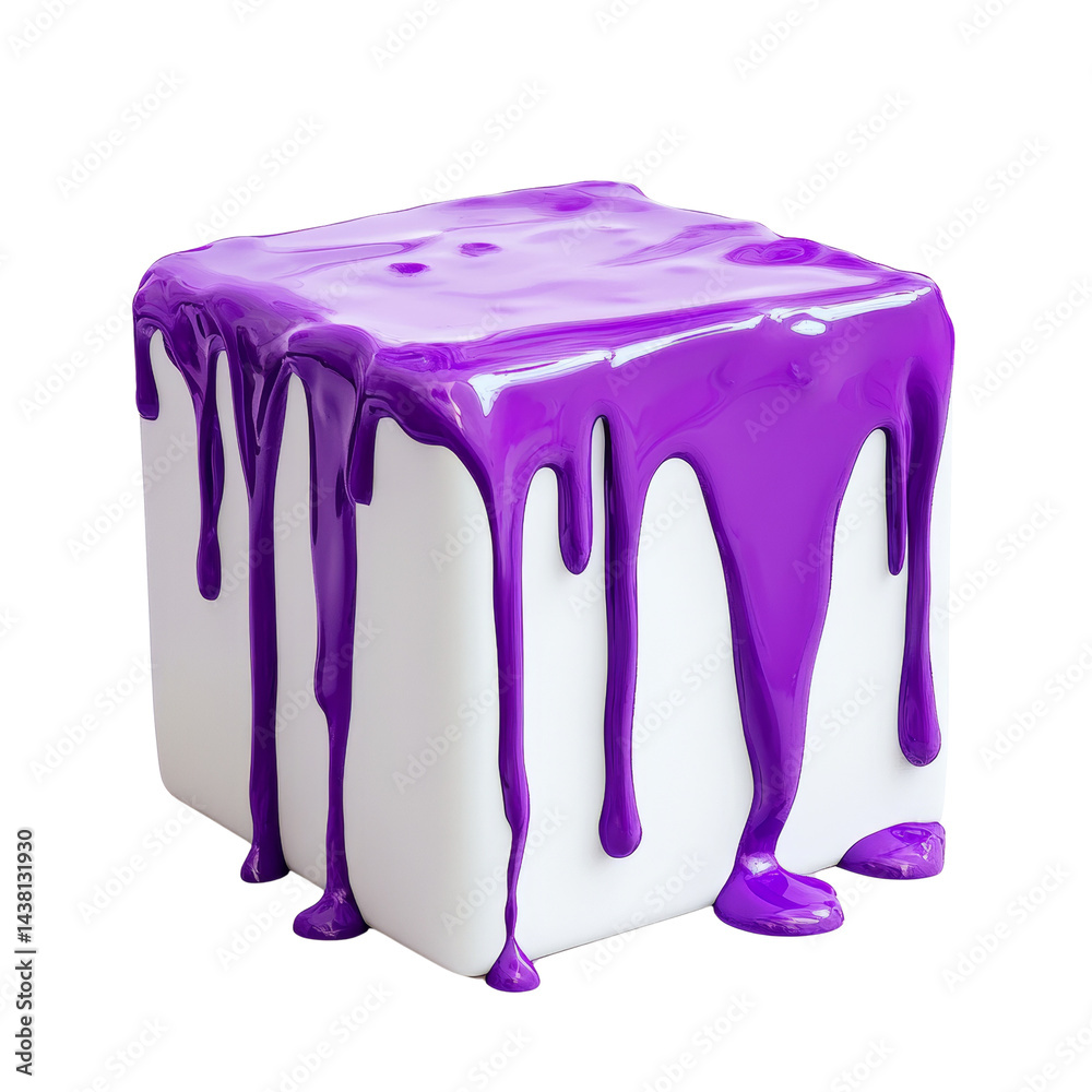 Poster abstract cube covered in dripping violet fluid for imaginative concepts and artistry