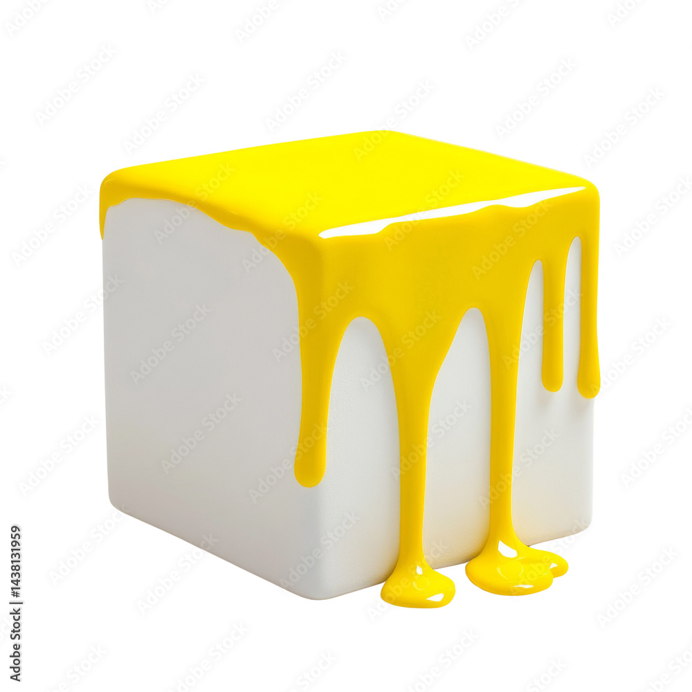 Poster conceptual block art featuring vibrant yellow fluid cascade against clean minimalism with isolated s