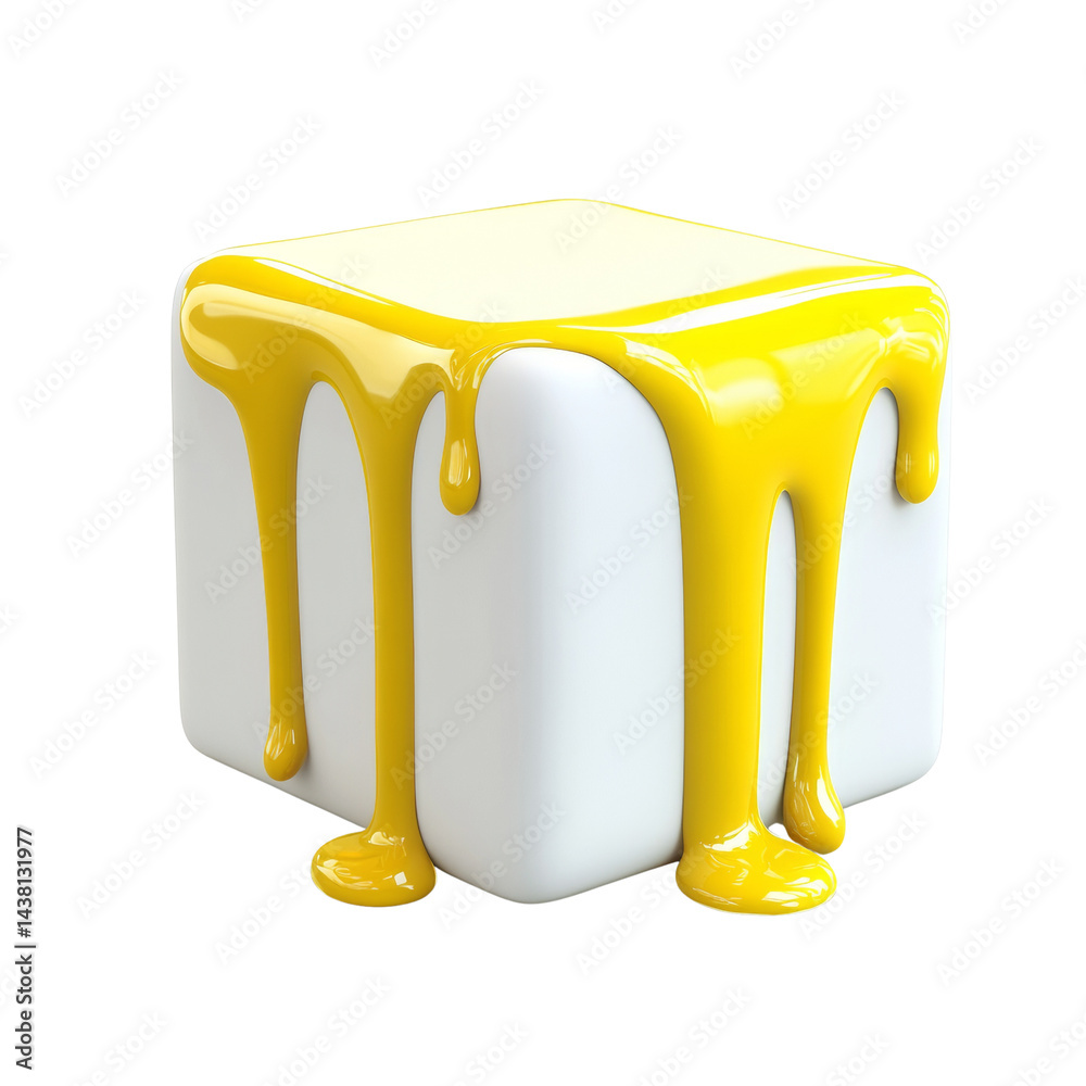 Poster Glossy cube with viscous yellow liquid drips, rendering of abstract isolated object, modern