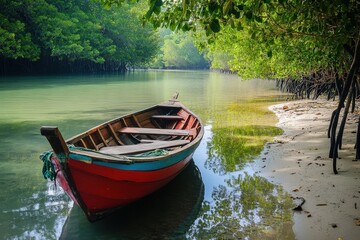 Fototapeta premium Small wooden boat anchored near coral shore with mangroves