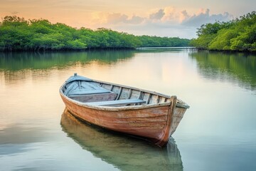 Obraz premium Small wooden boat anchored near coral shore and mangroves