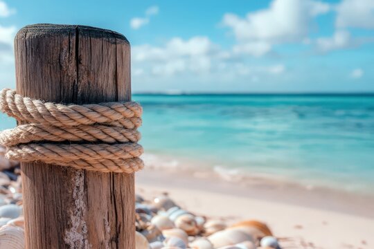Rope tied to wooden jetty post on sandy beach