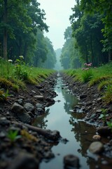 Obraz premium A tranquil forest stream reflecting trees and greenery in a serene natural setting.