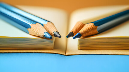 Obraz premium Symmetrically aligned pencils and open notebooks creative workspace stationery photography calm environment close-up view study concept