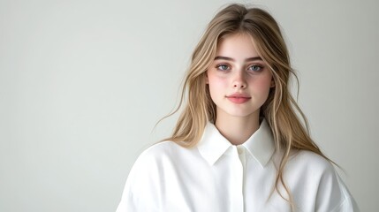 Obraz premium Young woman in white shirt, neutral background