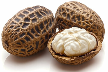 Obraz premium Two Whole And One Halved Tropical Nuts On White Background