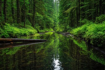 Obraz premium Serene creek winding through dense tropical jungle greenery