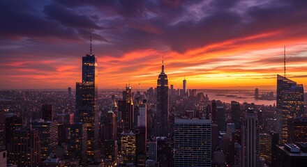 Naklejka premium Stunning Sunset over City Skyline A Panoramic View of Urban Architecture at Dusk
