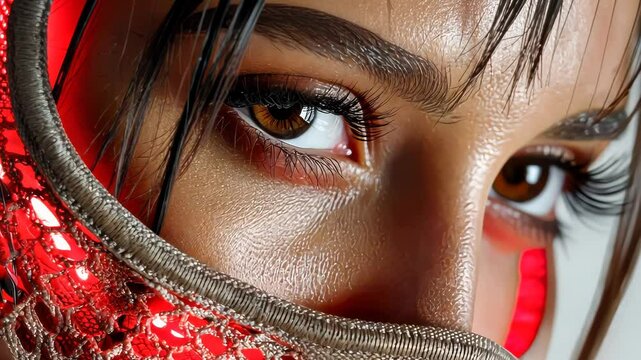 Extreme close-up of a woman eye wearing a glowing red LED mesh therapy mask for advanced skincare and beauty