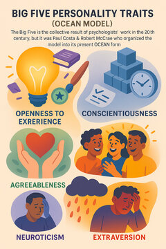 Colorful infographic illustrating the Big Five personality traits (OCEAN model): Openness, Conscientiousness, Extraversion, Agreeableness, and Neuroticism, with engaging icons and text.
