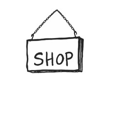 Hand Drawn Shop Sign Hanging on Chain