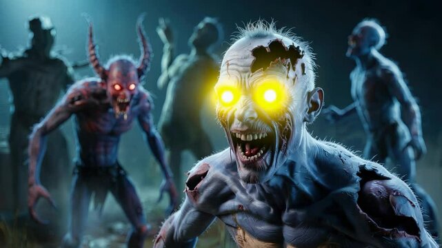 Horde of demonic creatures advances, led by a terrifying, glowing eyed zombie, in a dark fantasy setting, evoking themes of horror and the supernatural.