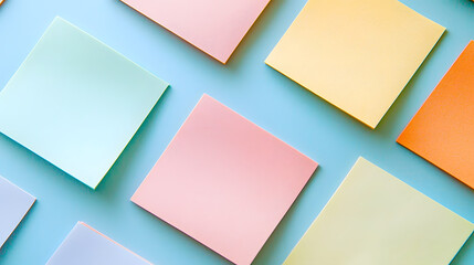 Fototapeta premium Organized sticky notes in matching hues office desk aesthetic composition bright environment top-down view productivity concept