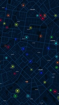 Vertical video futuristic digital city map with data points, network nodes, and glowing geolocation markers on a dark urban grid. Ideal for tech, cybersecurity, and navigation themes