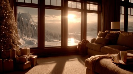 Obraz premium Warm living room with large windows showcasing a snowy mountain sunset, decorated for Christmas.