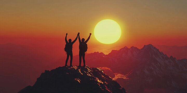 The image depicts two individuals standing on a peak, waving and celebrating at sunrise. The mountainous landscape is bathed in warm tones of the early morning light. This image captures the essence