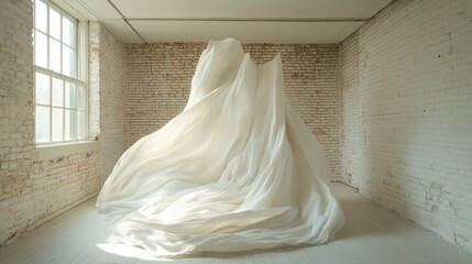 Sculptural Drape:  A White Fabric Installation in a Minimalist Brick Room