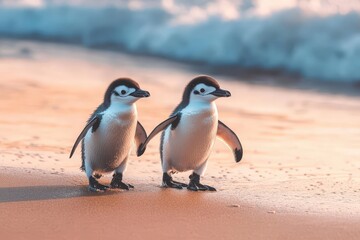 Fototapeta premium Little penguins walking on sandy beach at sunset