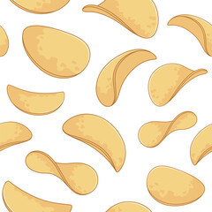 Potato chips seamless pattern, background. Comic, cartoon style illustrations, drawings