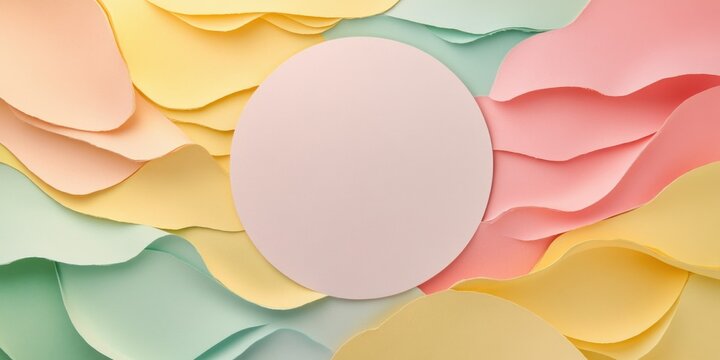 A vibrant and whimsical paper art piece featuring a central circle surrounded by abstract, multi-colored shapes and patterns that give it an artistic and decorative appeal.