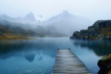 Obraz premium Wooden dock extending into misty alpine lake with mountains